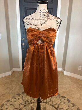 Faeriesty Strapless Twist-Front Satin Dress in Copper Size M